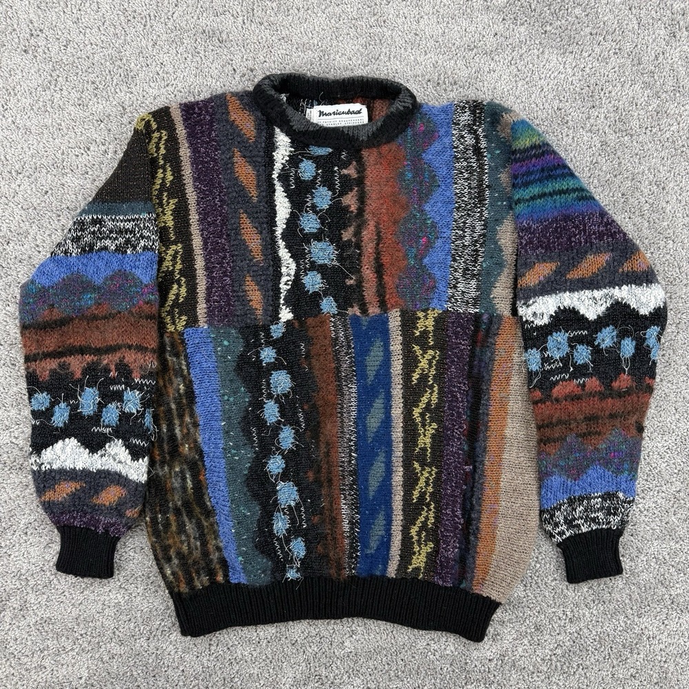 Vintage Marienbad Sweater Men's M Abstract Geometric AOP 3D Cable Knit Wool